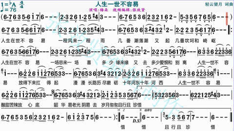 梅朵演唱《人生一世不容易》的光标跟随动态有声简谱