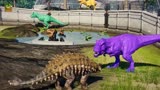 侏罗纪世界动画：紫色霸王龙大战甲龙，剑龙，恐龙大乱斗
