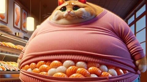 吃寿司的胖橘猫，肚子都要大了