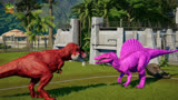 侏罗纪世界动画：红色霸王龙vs粉色棘龙