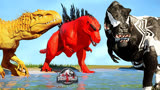 侏罗纪世界动画：毒液霸王龙vs粉色我的世界棘龙，红色哥斯拉