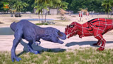 侏罗纪世界动画：蓝色霸王龙vs红色蛛蛛侠恐龙之战