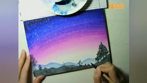 水粉画入门教学视频 手绘水彩紫色星空