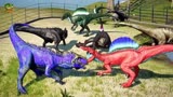 侏罗纪世界动画：龙王龙VS彩色棘龙，恐龙大乱斗