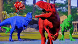 侏罗纪世界动画：绿色霸王龙vs粉色棘龙，蓝色南方巨兽龙
