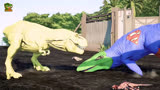 侏罗纪世界动画：死侍霸王龙大战超人鲨鱼王恐龙