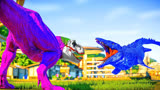 侏罗纪世界动画：小丑霸王龙vs摩萨龙，彩色腕龙恐龙