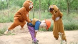 熊出没真人版：光头强和熊大玩“跳山羊”，没想被熊二撞晕，有趣