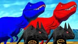侏罗纪世界动画：霸王龙彩色套装Vs蜘蛛侠巨齿鲨，棘龙恐龙大战