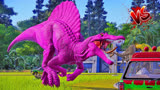 侏罗纪世界动画：粉红棘龙大战霸王龙vs蓝色暴龙，红色巨龙