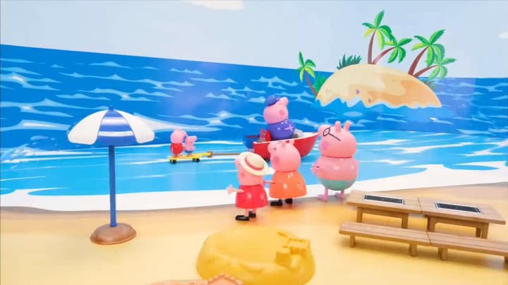 小猪佩奇与乔治在海边冲浪的玩具动画故事
