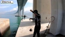 港珠澳大桥桥墩上钓鱼，漂亮的金鼓黑鲷