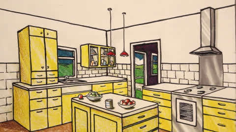 木鱼绘画屋  :叙述了如何用两点透视画厨房