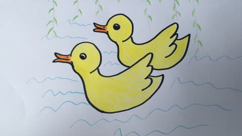儿童简笔画小鸭子在水里游泳