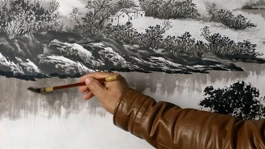 姜战平绘画与教学国画平远法山水画的水面倒影要竖式用笔