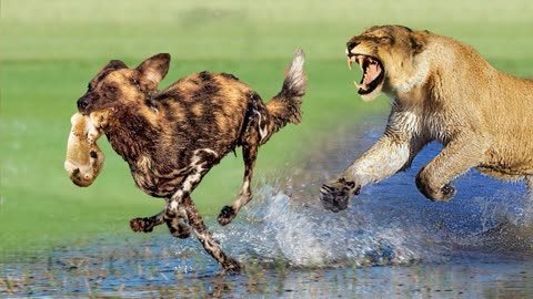 动物世界:野狗围攻狮子,雄狮跑来直接干掉野狗首领!