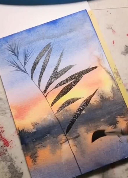 水彩画:教你画夕阳下的芦苇