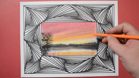 牛人快速铅笔画,用彩色蜡笔画出日落湖的线条幻象,你也可以!