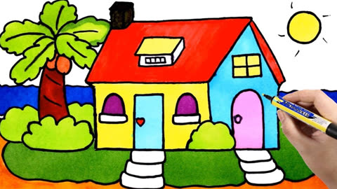 儿童绘画:五颜六色的海滩别墅的趣味绘画教程