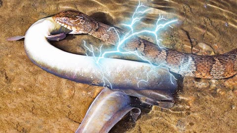 蛇去水下捕食电鳗,当它下嘴的那一刻,这可能让蛇再也不想吃鱼了