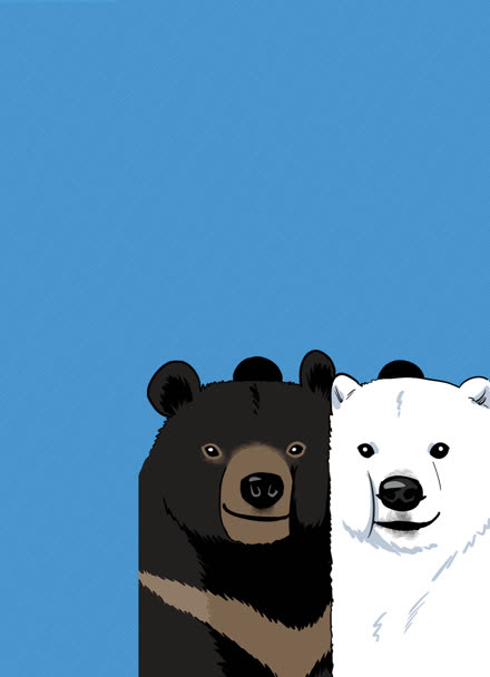 黑熊:天气太冷,咱俩凑个堆儿取取暖!白熊:好嘞!