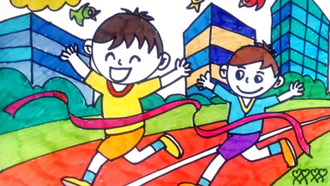 奔跑的男孩运动会比赛儿童画精简